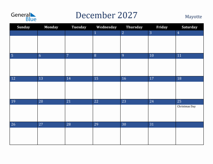 December 2027 Mayotte Calendar (Sunday Start)