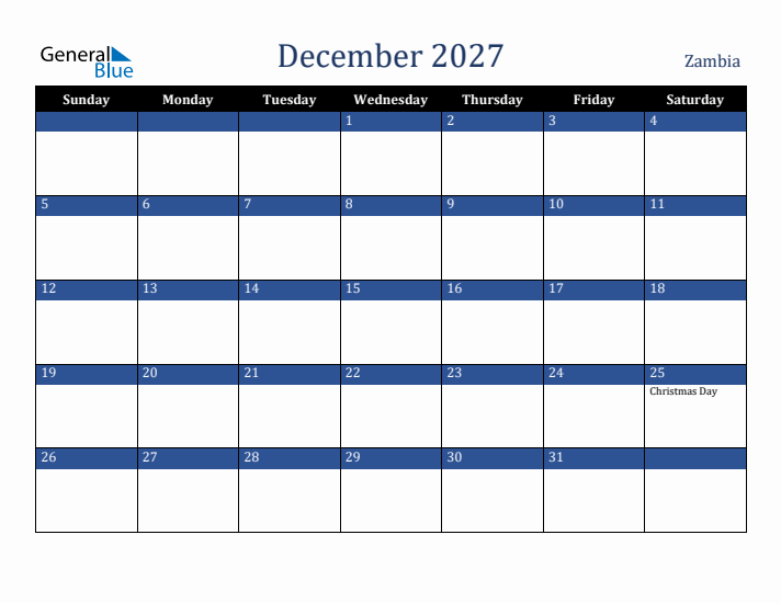 December 2027 Zambia Calendar (Sunday Start)