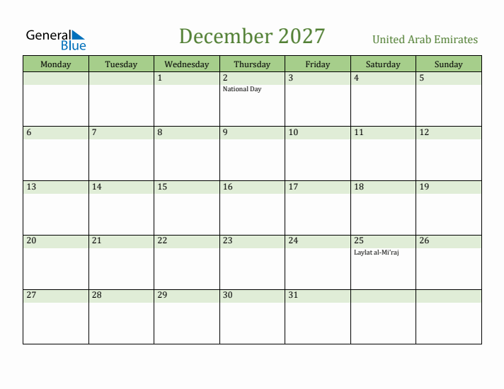 December 2027 Calendar with United Arab Emirates Holidays