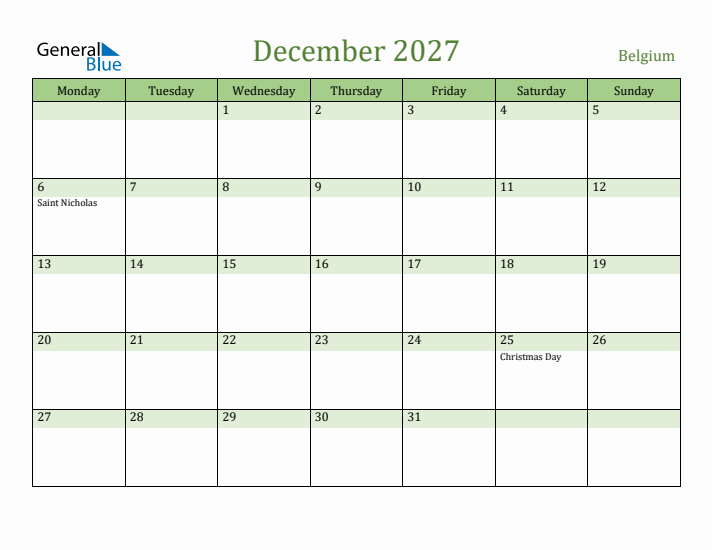 December 2027 Calendar with Belgium Holidays