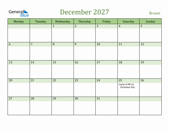 December 2027 Calendar with Brunei Holidays
