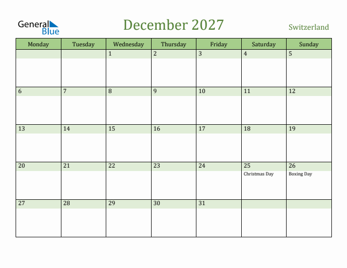 December 2027 Calendar with Switzerland Holidays