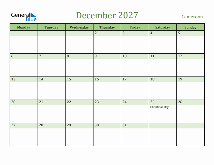 December 2027 Calendar with Cameroon Holidays