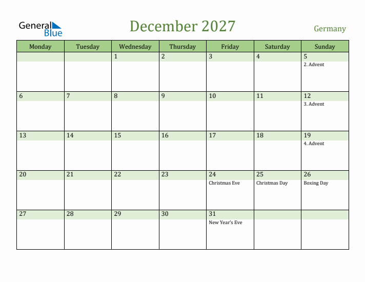 December 2027 Calendar with Germany Holidays