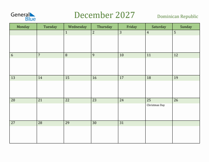 December 2027 Calendar with Dominican Republic Holidays