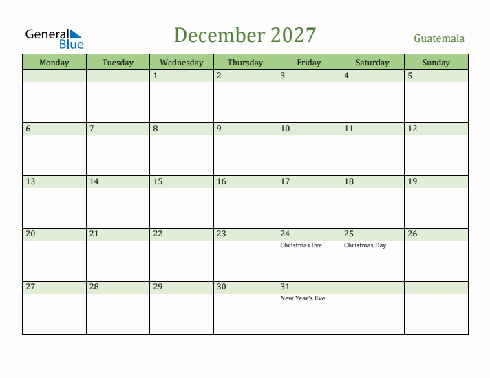 December 2027 Calendar with Guatemala Holidays