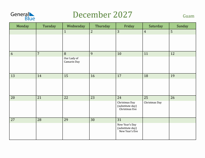 December 2027 Calendar with Guam Holidays