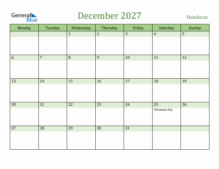 December 2027 Calendar with Honduras Holidays