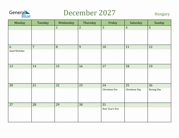 December 2027 Calendar with Hungary Holidays