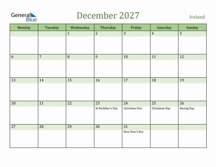 December 2027 Calendar with Iceland Holidays