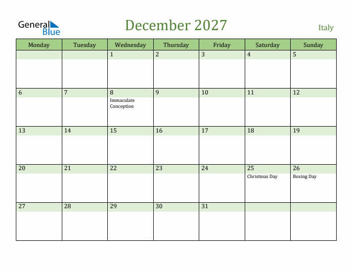 December 2027 Calendar with Italy Holidays