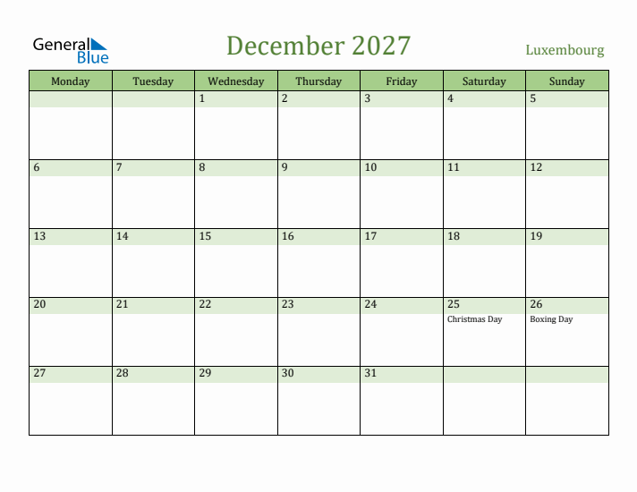 December 2027 Calendar with Luxembourg Holidays