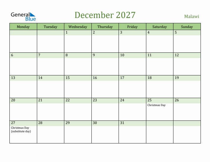 December 2027 Calendar with Malawi Holidays