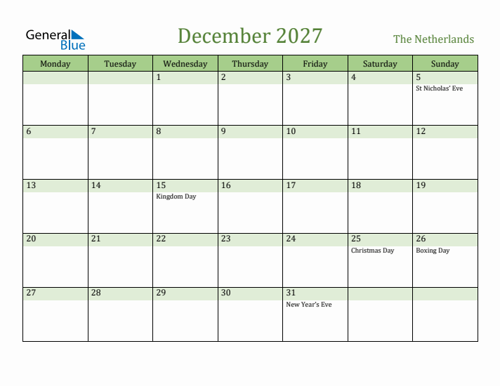 December 2027 Calendar with The Netherlands Holidays
