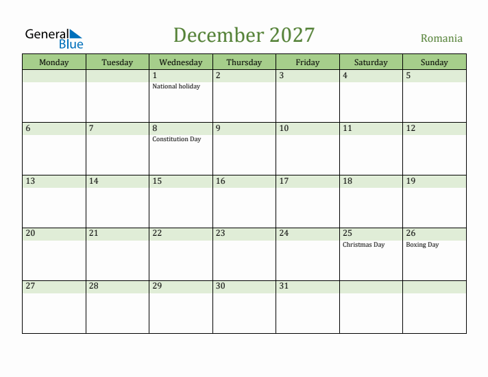 December 2027 Calendar with Romania Holidays