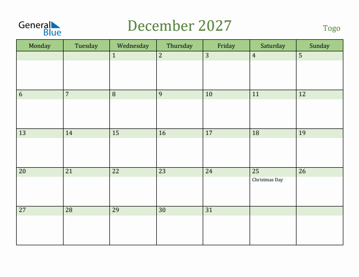 December 2027 Calendar with Togo Holidays