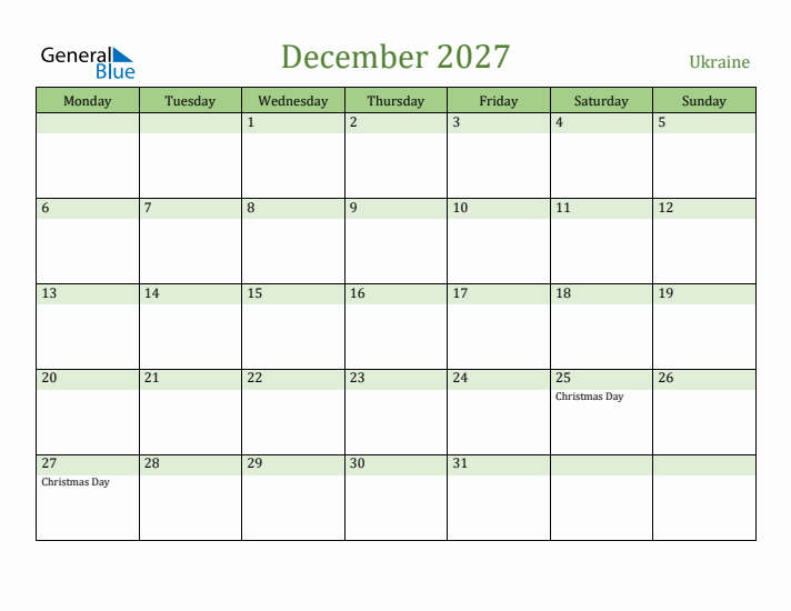 December 2027 Calendar with Ukraine Holidays
