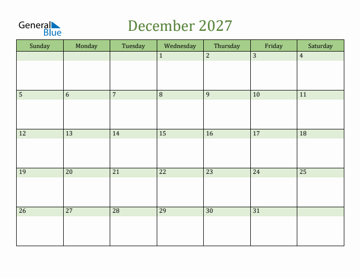 December 2027 Calendar with Sunday Start