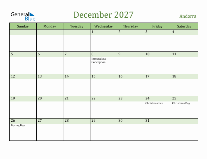 December 2027 Calendar with Andorra Holidays