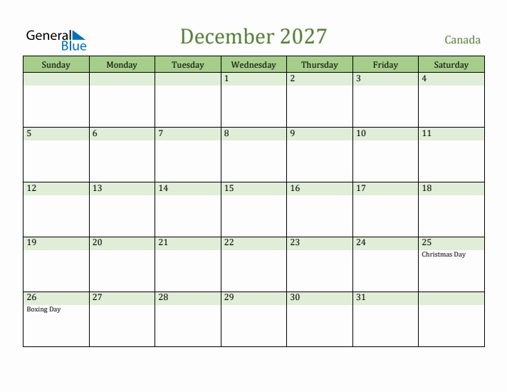 December 2027 Calendar with Canada Holidays