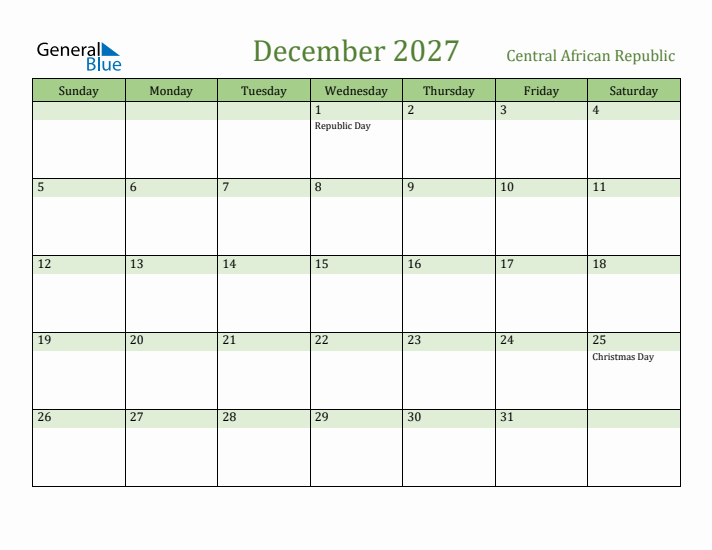 December 2027 Calendar with Central African Republic Holidays