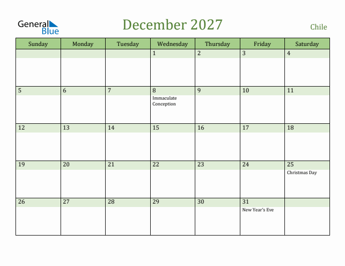 December 2027 Calendar with Chile Holidays