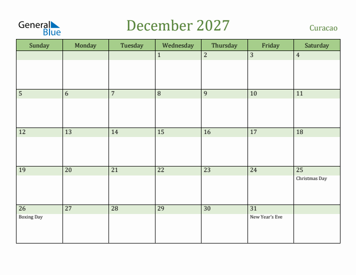 December 2027 Calendar with Curacao Holidays