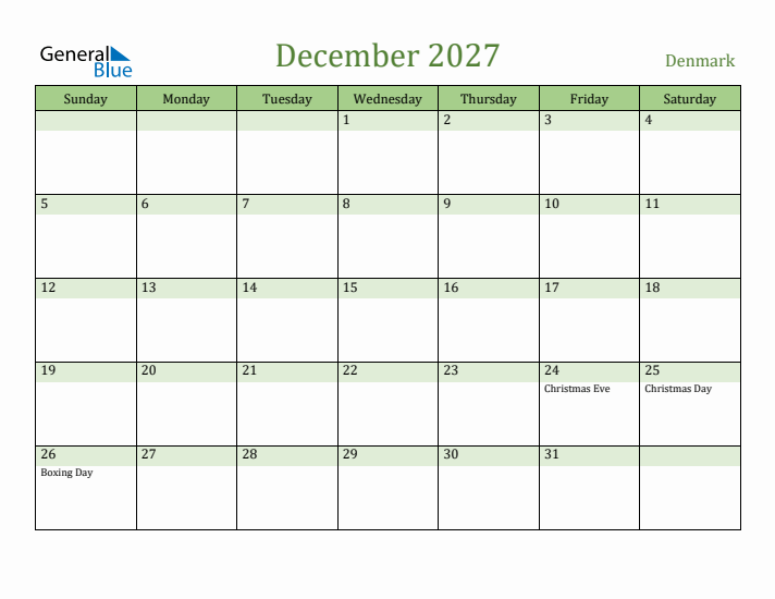 December 2027 Calendar with Denmark Holidays