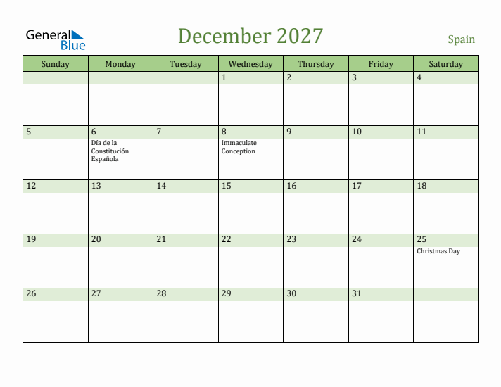 December 2027 Calendar with Spain Holidays
