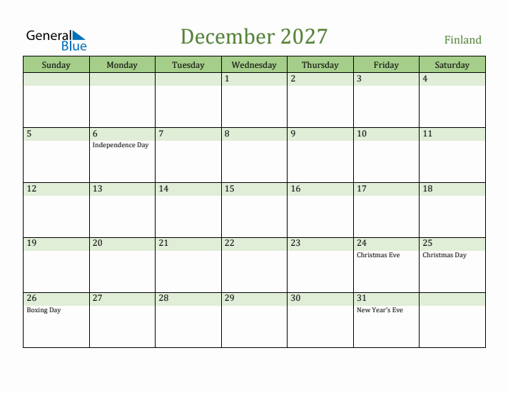 December 2027 Calendar with Finland Holidays