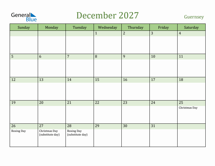 December 2027 Calendar with Guernsey Holidays