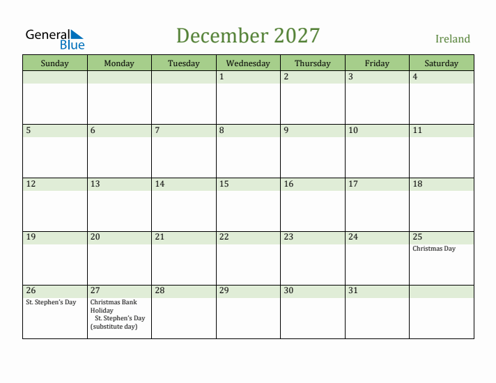December 2027 Calendar with Ireland Holidays