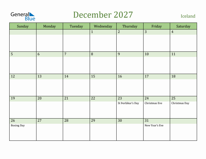 December 2027 Calendar with Iceland Holidays