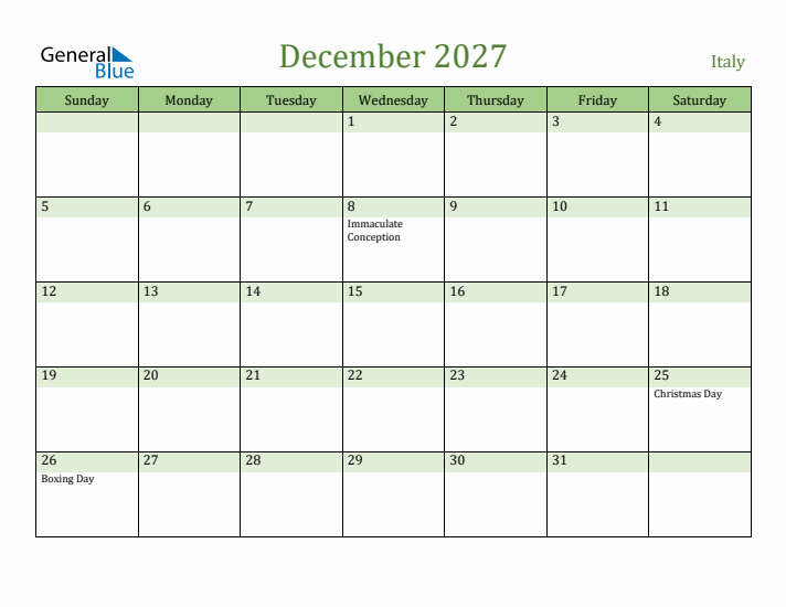 December 2027 Calendar with Italy Holidays