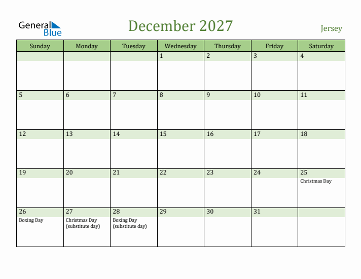 December 2027 Calendar with Jersey Holidays