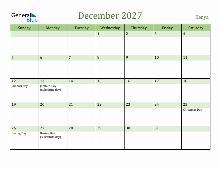 December 2027 Calendar with Kenya Holidays