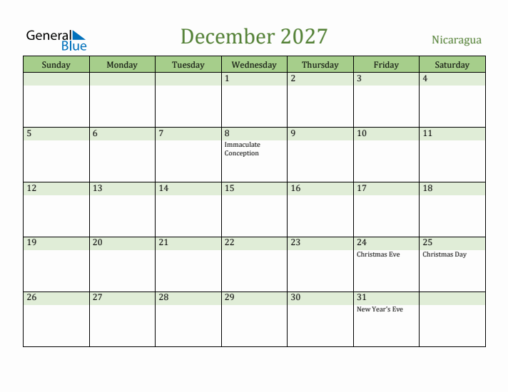 December 2027 Calendar with Nicaragua Holidays