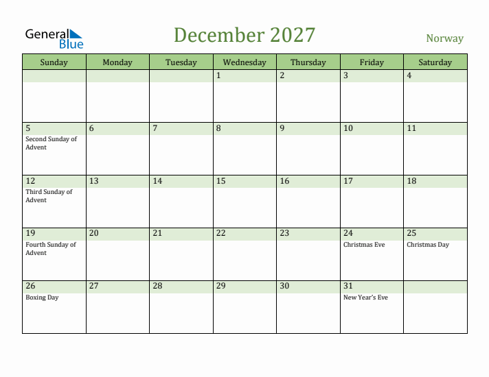 December 2027 Calendar with Norway Holidays