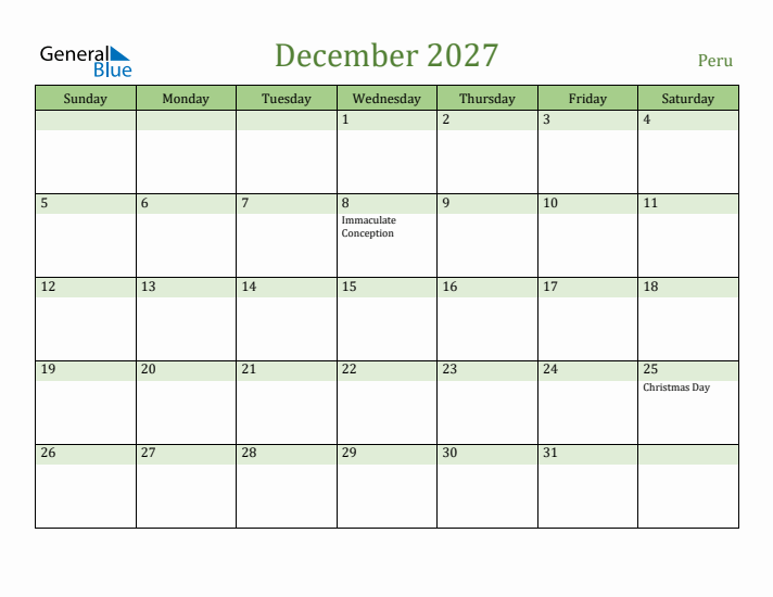 December 2027 Calendar with Peru Holidays