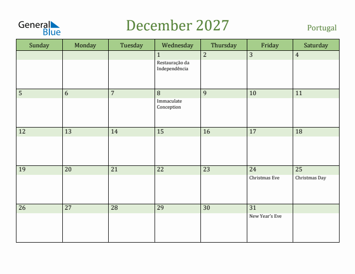 December 2027 Calendar with Portugal Holidays
