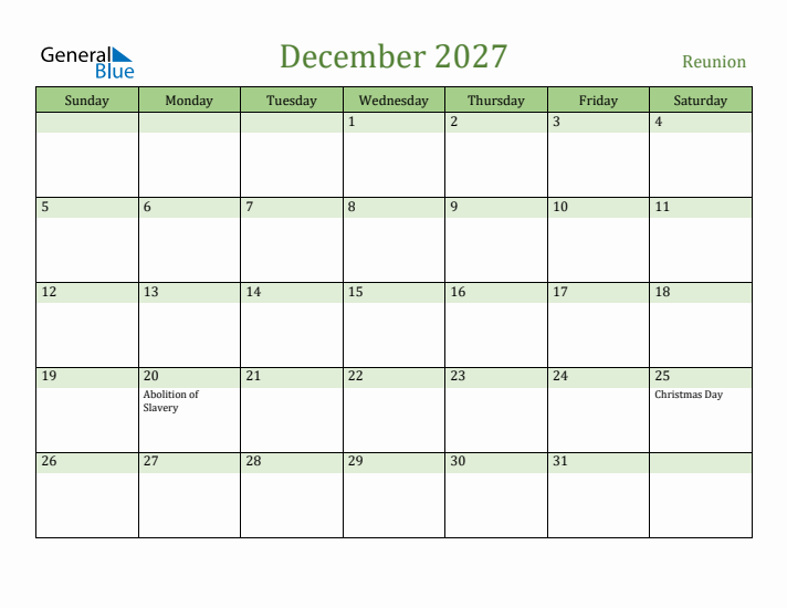 December 2027 Calendar with Reunion Holidays