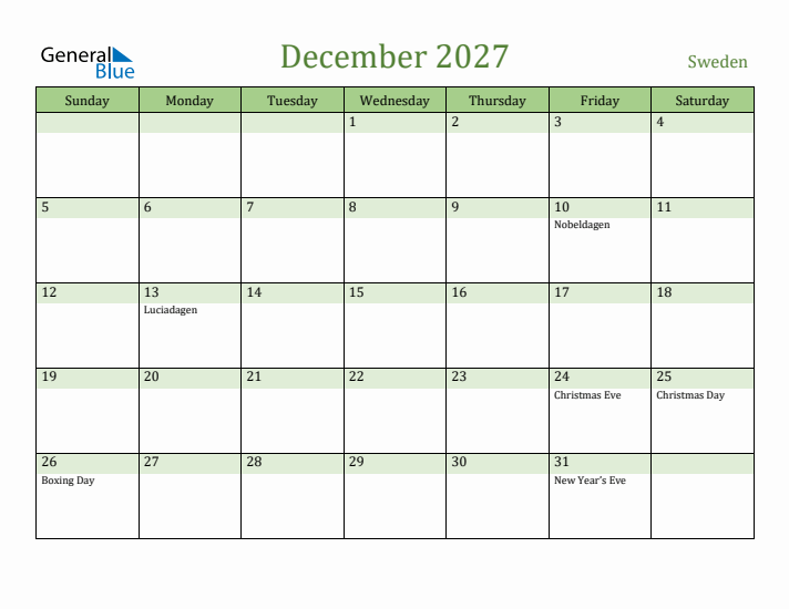 December 2027 Calendar with Sweden Holidays