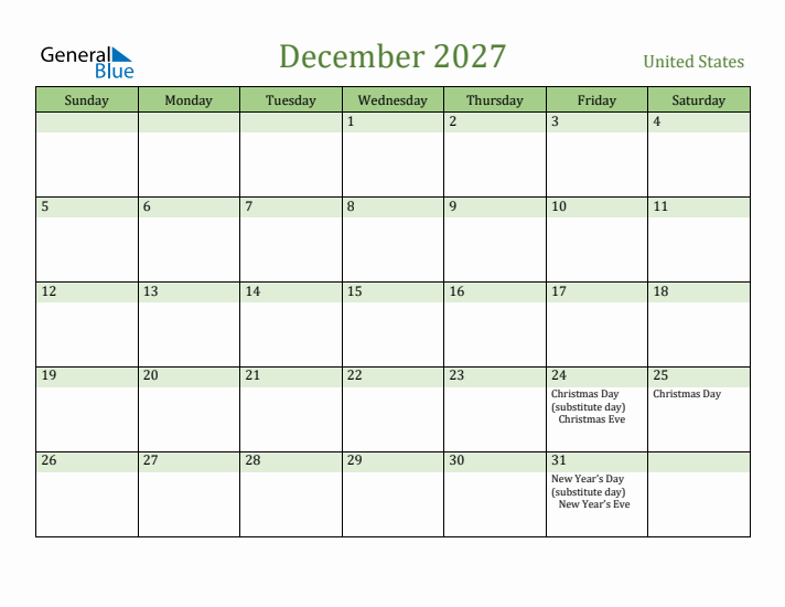 December 2027 Calendar with United States Holidays
