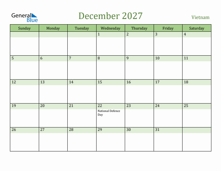 December 2027 Calendar with Vietnam Holidays