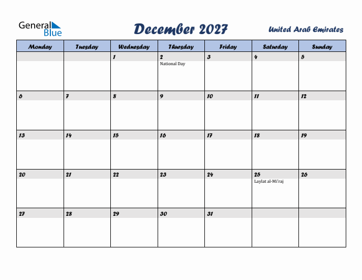 December 2027 Calendar with Holidays in United Arab Emirates