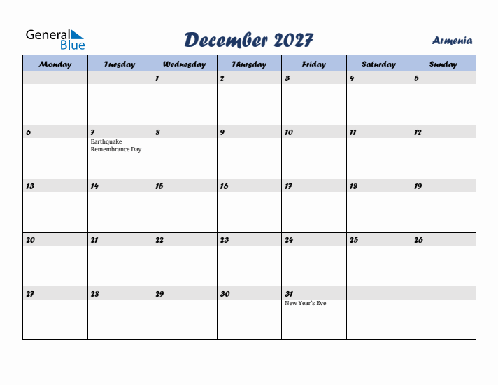 December 2027 Calendar with Holidays in Armenia