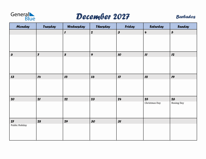 December 2027 Calendar with Holidays in Barbados