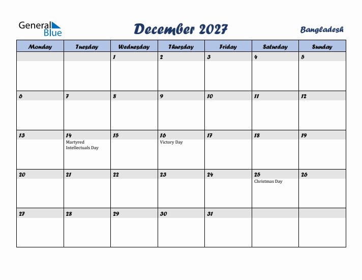 December 2027 Calendar with Holidays in Bangladesh