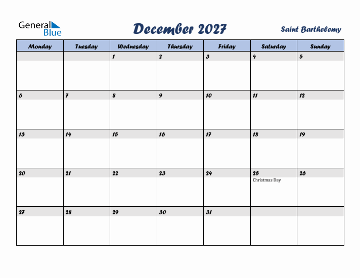 December 2027 Calendar with Holidays in Saint Barthelemy