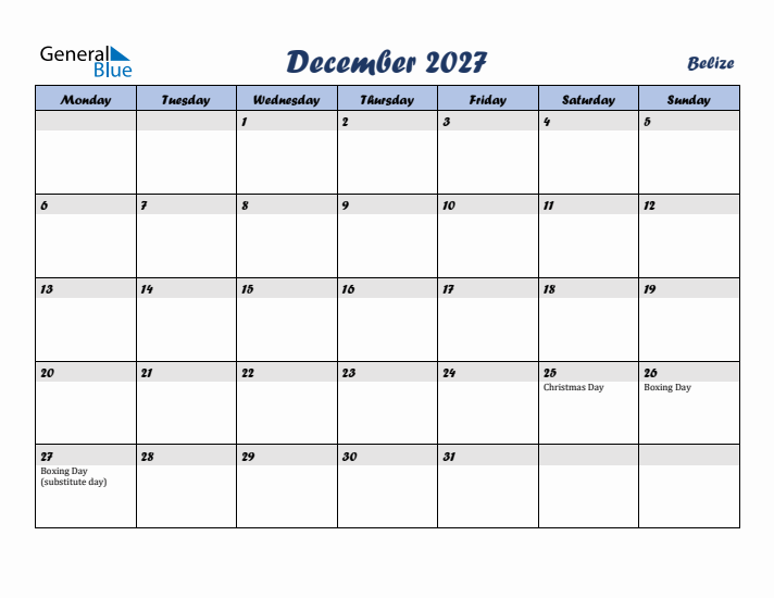 December 2027 Calendar with Holidays in Belize